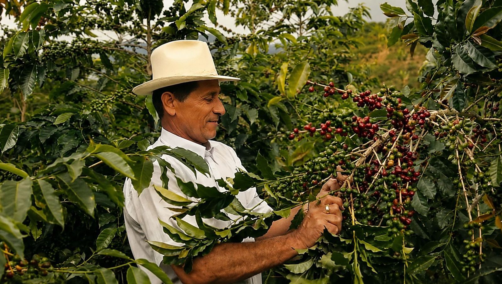 A coffee grower in the program picking ripe cherries